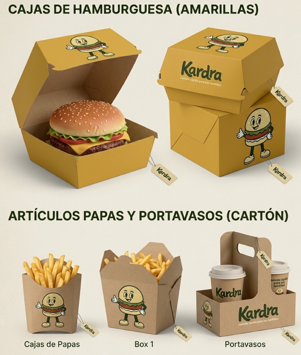 Packaging Kardra: cajas de hamburguesa, cajas de papas y portavasos